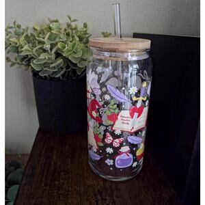 Fantasy Garden Picnic Glass Tumbler, Bookish Dragon Sword Design, Bamboo Lid